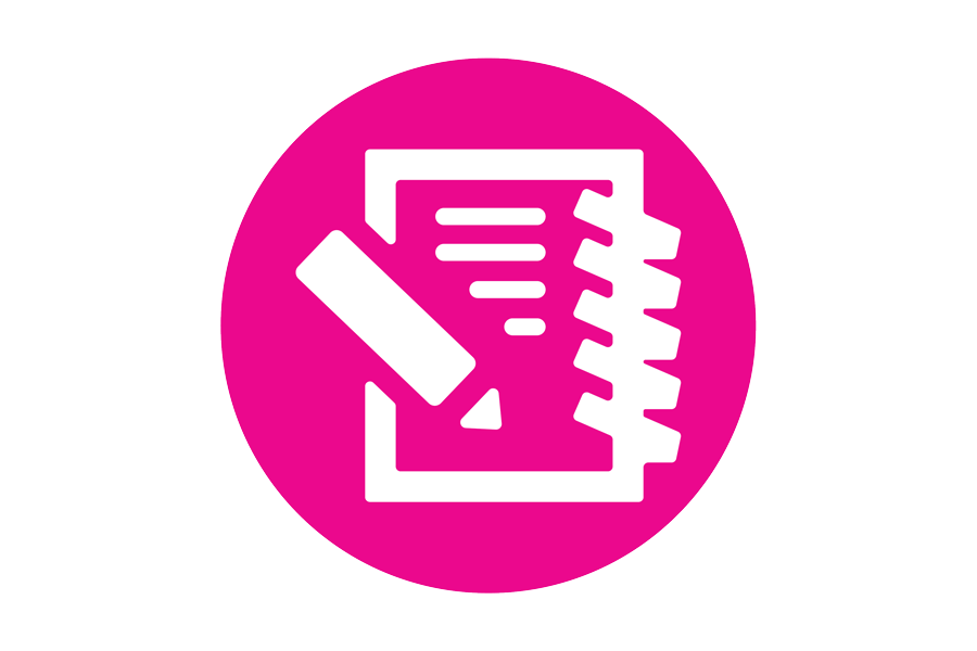 Pink icon with a paper and pen